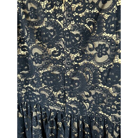 NWT Eliza J Navy Blue Floral Lace Nude Lined Off Shoulder Dress Sz 10 Fit Flare - Picture 8 of 10